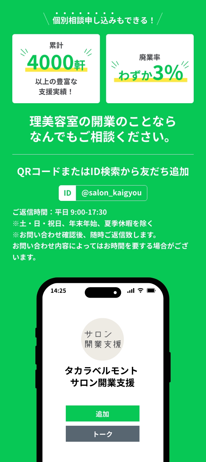 累計4000軒以上の豊富な⽀援実績！廃業率わずか3％！ 理美容室の開業のこと何でもご相談ください 